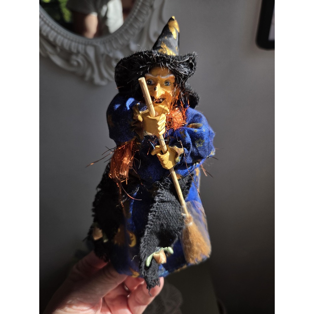 Vintage Halloween Witch Doll 7" Blue Celestial Dress Broom Decor